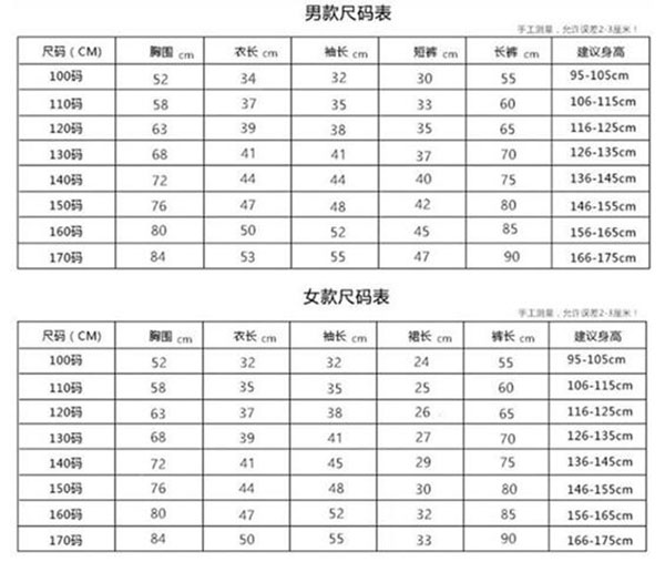 服装尺码对照表