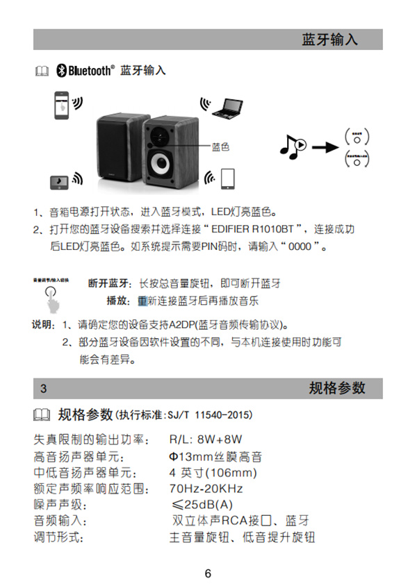 漫步者R1000BT蓝牙音响产品使用说明书