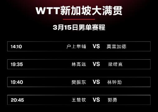 2023年WTT新加坡大满贯3月15日赛程直播时间表 今天国乒比赛对阵表图