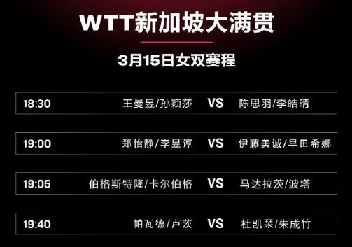 2023年WTT新加坡大满贯3月15日赛程直播时间表 今天国乒比赛对阵表图
