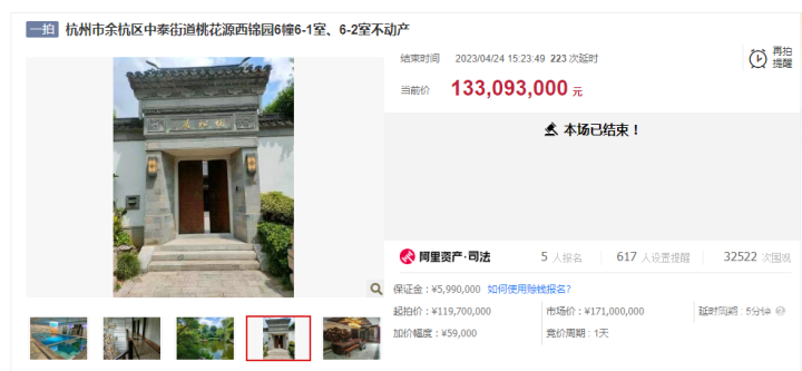 1.33亿！杭州“最贵法拍房”成交，原房东给朋友做担保欠下2个亿……
