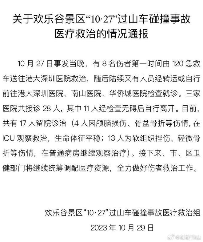 官方通报深圳欢乐谷过山车碰撞事故救治情况：目前17人留院诊治  