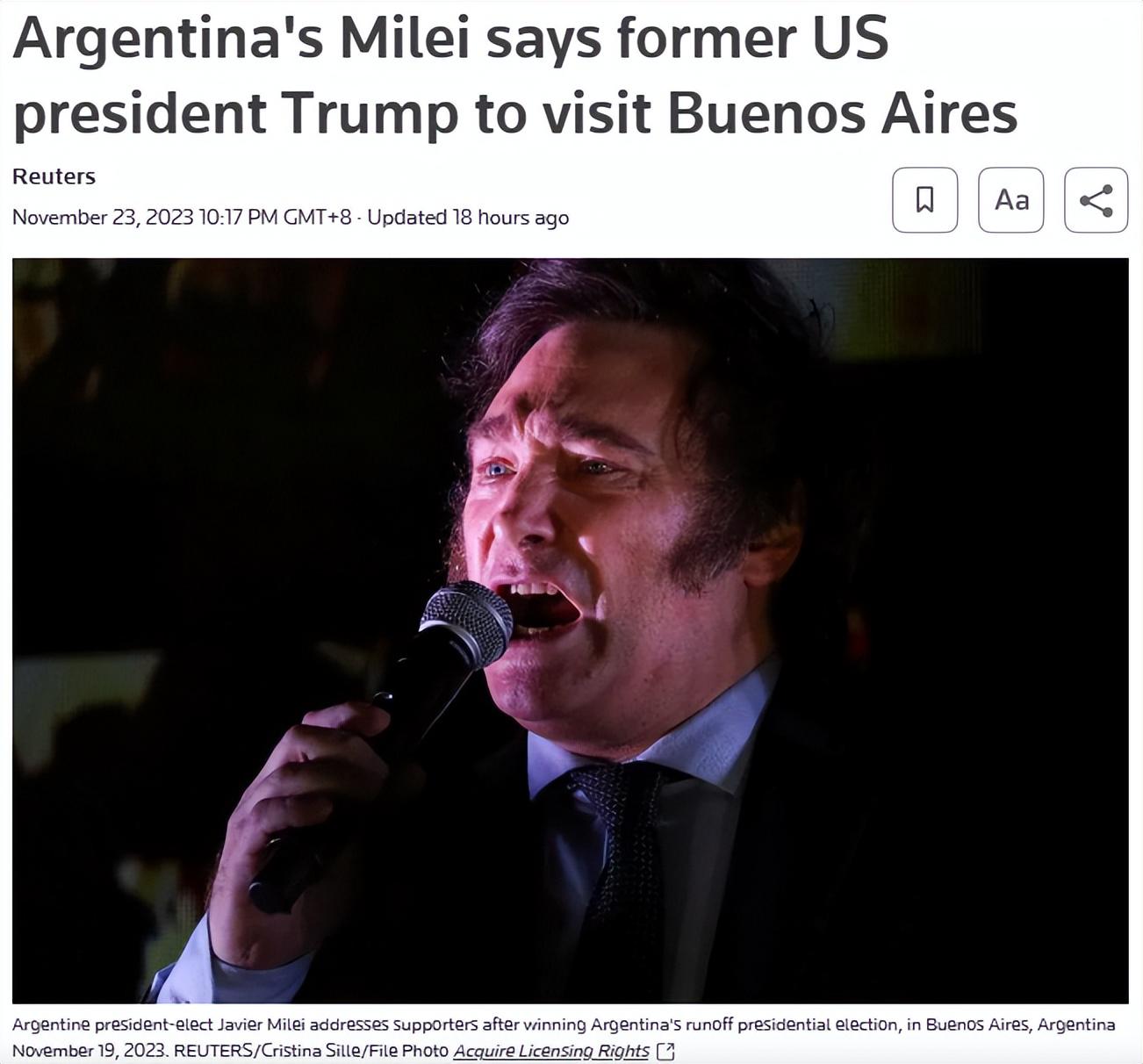 特朗普与阿根廷候任总统米莱通话，称将访阿让两人会面